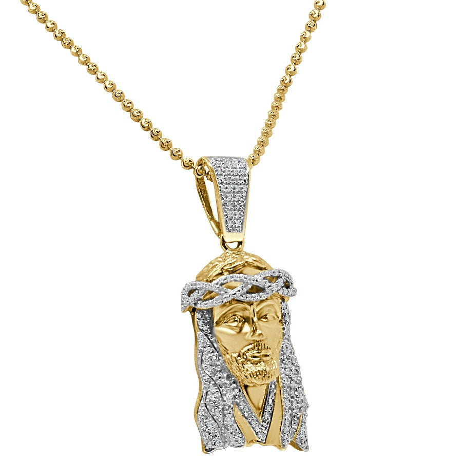 Real Genuine Authentic Diamond Jesus Face Piece 10K Gold Over Religious Charm Mini Small 1.75'' Unisex Pendent Chain Set