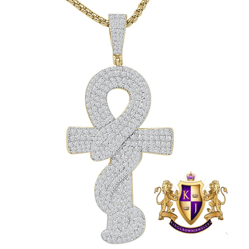 23+ Grams Real Genuine Sterling Silver Egyptian Ankh Cross Cobra Snake Evil Power Charm 14K Gold Over Simulated Diamond Men's Pendent 2.25''