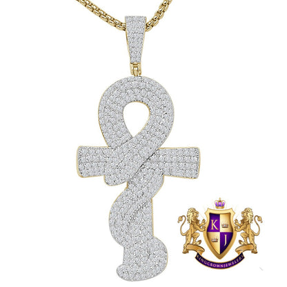 23+ Grams Real Genuine Sterling Silver Egyptian Ankh Cross Cobra Snake Evil Power Charm 14K Gold Over Simulated Diamond Men's Pendent 2.25''