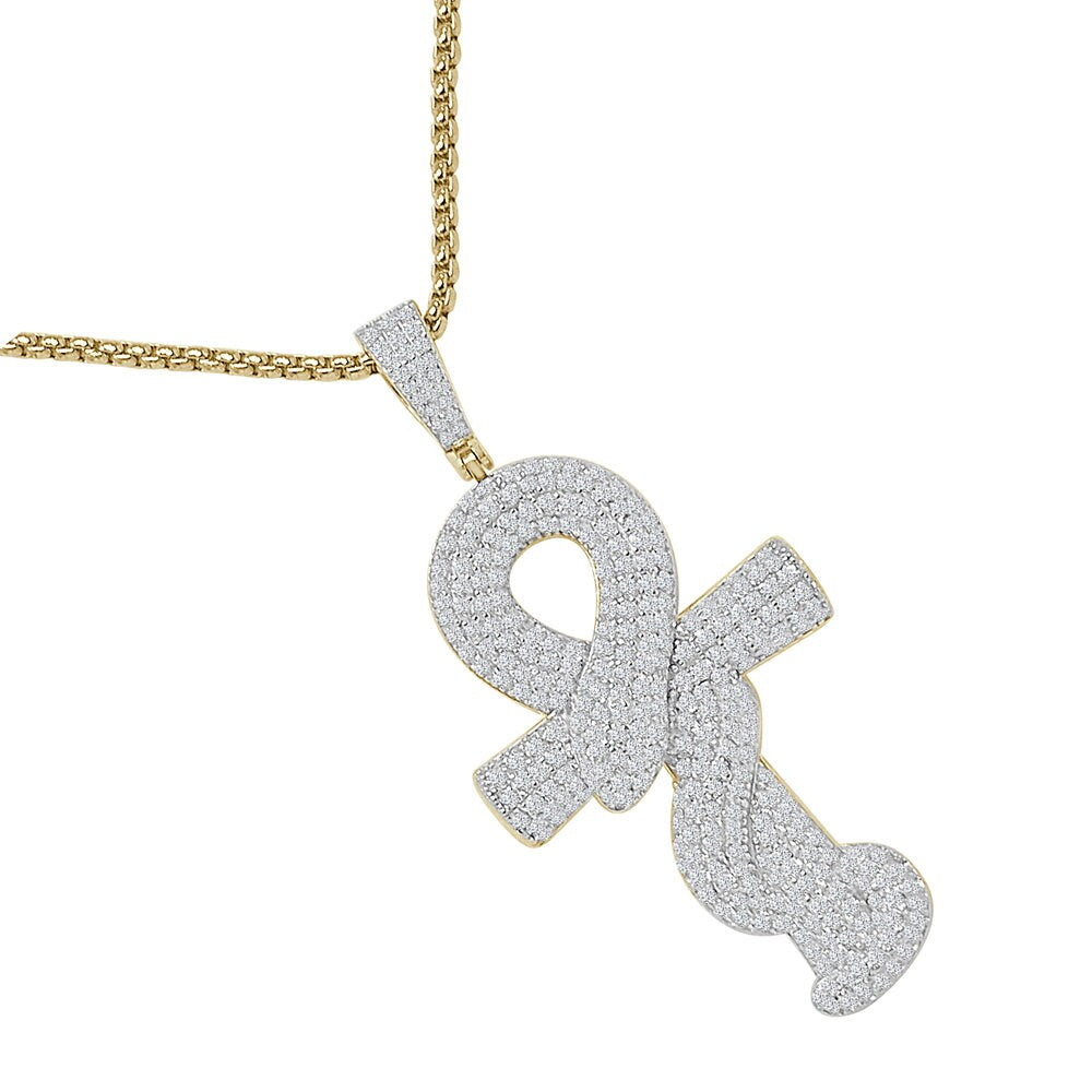 23+ Grams Real Genuine Sterling Silver Egyptian Ankh Cross Cobra Snake Evil Power Charm 14K Gold Over Simulated Diamond Men's Pendent 2.25''