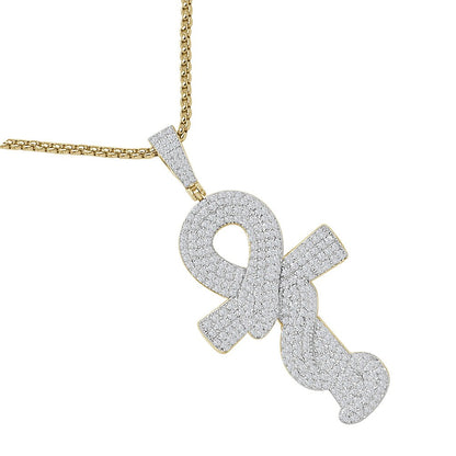 23+ Grams Real Genuine Sterling Silver Egyptian Ankh Cross Cobra Snake Evil Power Charm 14K Gold Over Simulated Diamond Men's Pendent 2.25''