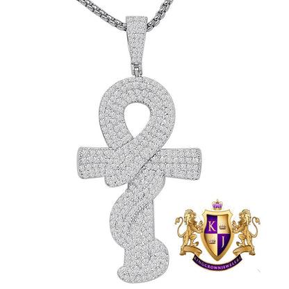 23+ Grams Real Genuine Sterling Silver Egyptian Ankh Cross Cobra Snake Evil Power Charm 14K Gold Over Simulated Diamond Men's Pendent 2.25''