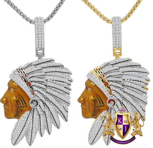 Real Genuine Sterling Silver 27+ Grams 14K Gold Over Native American Indian Apache King 2.00 Cwt. Simulated Diamond Pendant Charm Big 2.5''