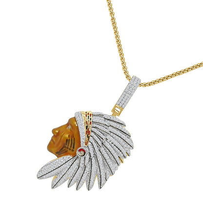 Real Genuine Sterling Silver 27+ Grams 14K Gold Over Native American Indian Apache King 2.00 Cwt. Simulated Diamond Pendant Charm Big 2.5''