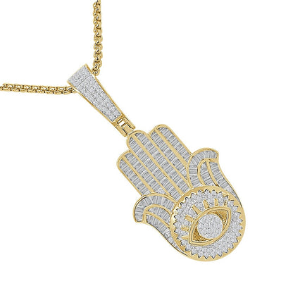 Baguette 20+ Grams Real Genuine Sterling Silver Hamsa Hand Evil Eye Unisex Charm 14K Gold Over Simulated Diamond Religious Pendent 2.25''