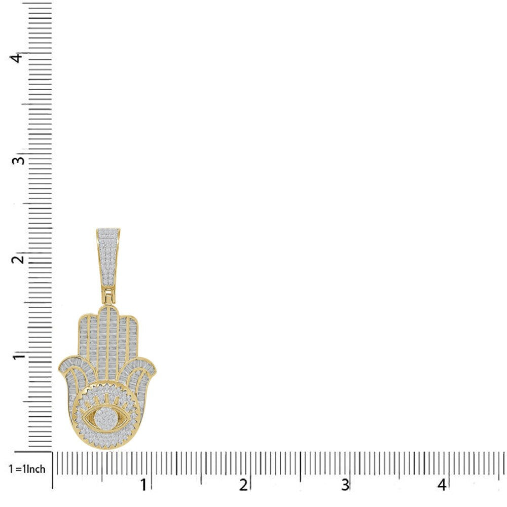 Baguette 20+ Grams Real Genuine Sterling Silver Hamsa Hand Evil Eye Unisex Charm 14K Gold Over Simulated Diamond Religious Pendent 2.25''