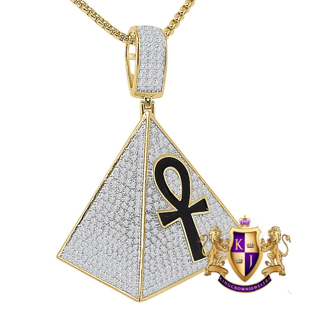 25+ Grams Real Genuine Italian Sterling Silver Ancient Egyptian Ankh Cross Pyramid Mens Charm 14K Gold Over Simulated Diamond Pendent 2.25''