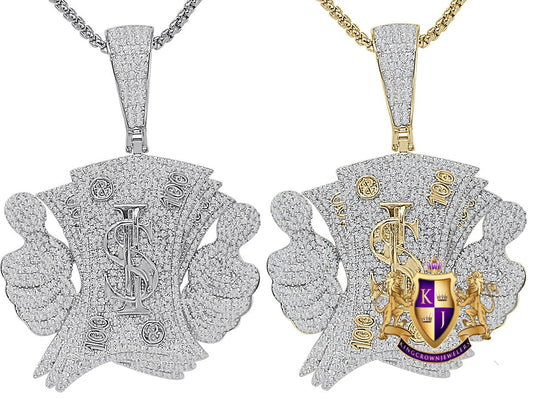 Real Genuine Sterling Silver 30+ Grams Custom Piece Cash Money 100 Dollar Bills Stack Thumbs Up Charm 14K Gold On Simulated Diamond Pendent