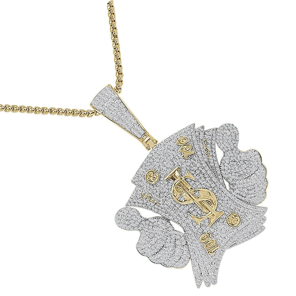 Real Genuine Sterling Silver 30+ Grams Custom Piece Cash Money 100 Dollar Bills Stack Thumbs Up Charm 14K Gold On Simulated Diamond Pendent