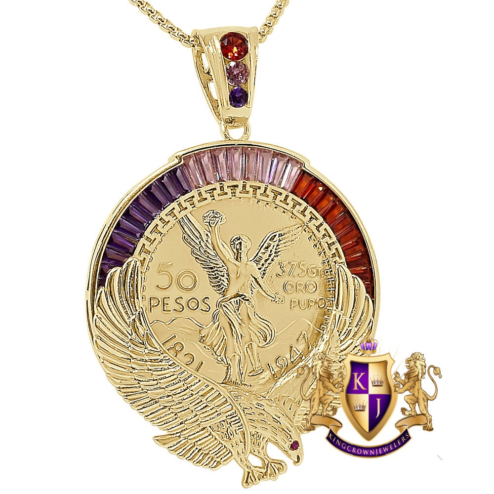 Big 3" Baguette 52+ Grams Double Disc 50 Pesos Mexican Money Moneda Coin Centenario Pendent 14K Gold Over Eagle Charm + Chain