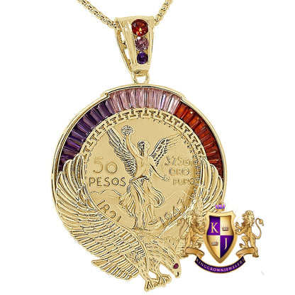 Big 3" Baguette 52+ Grams Double Disc 50 Pesos Mexican Money Moneda Coin Centenario Pendent 14K Gold Over Eagle Charm + Chain