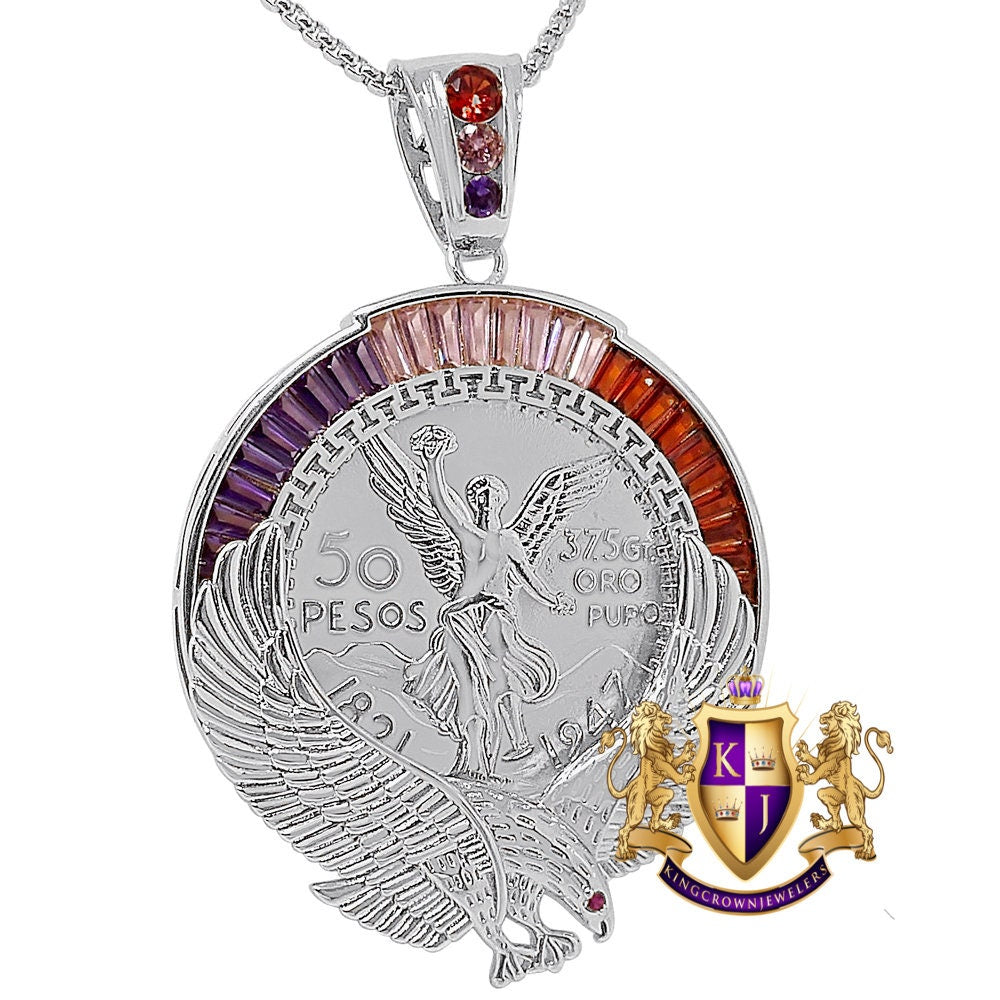 Big 3" Baguette 52+ Grams Double Disc 50 Pesos Mexican Money Moneda Coin Centenario Pendent 14K Gold Over Eagle Charm + Chain