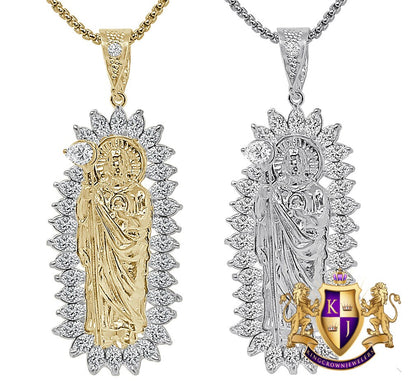 Big 2.75'' Real Sterling Silver 20+ Grams Saint Jude San Judas Tadeo Frame Charm 10K Gold Over Simulated Diamond Pendent