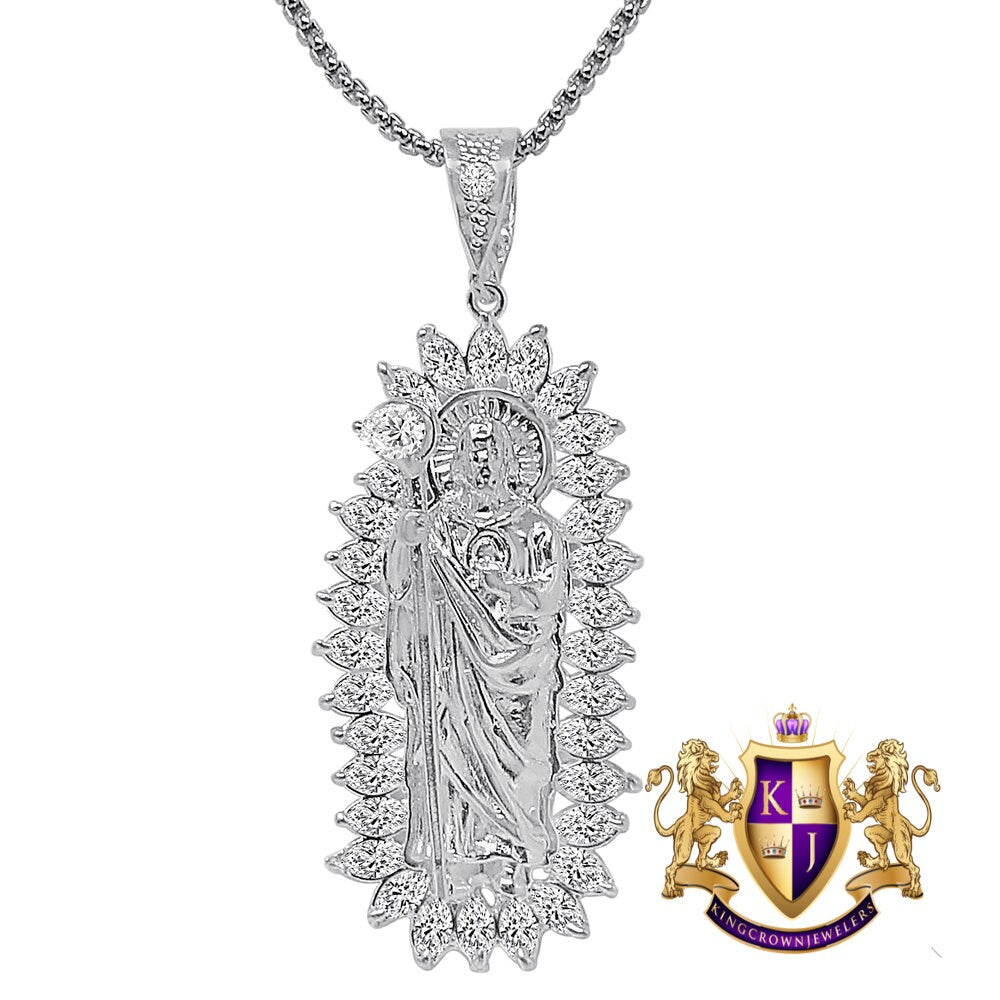 Big 2.75'' Real Sterling Silver 20+ Grams Saint Jude San Judas Tadeo Frame Charm 10K Gold Over Simulated Diamond Pendent