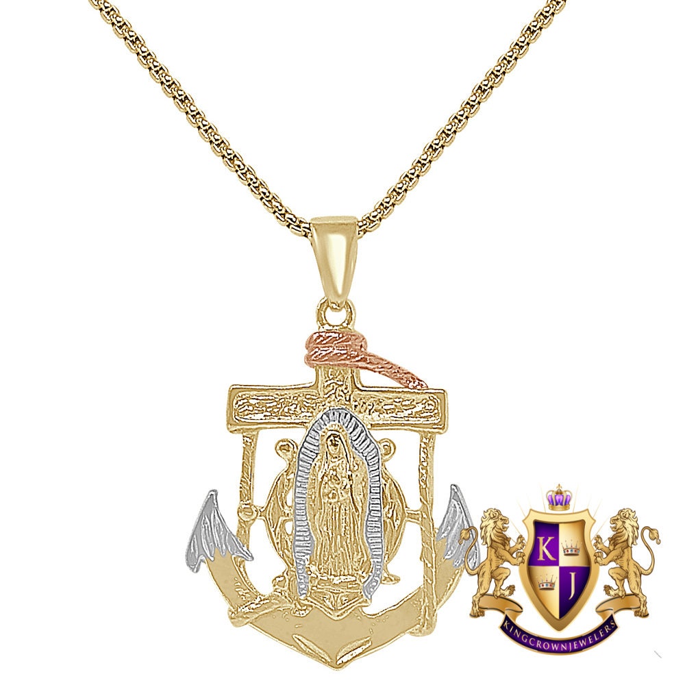 18+ Grams 3 Tone Gold Finish Lady Of Guadalupe Mother Mary Anchor Unisex Charm Religious Pendent Chain Set 2''