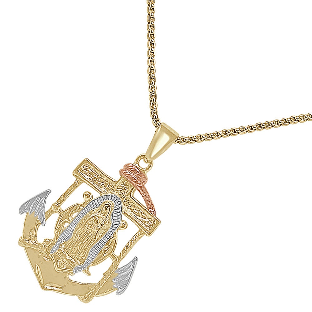18+ Grams 3 Tone Gold Finish Lady Of Guadalupe Mother Mary Anchor Unisex Charm Religious Pendent Chain Set 2''