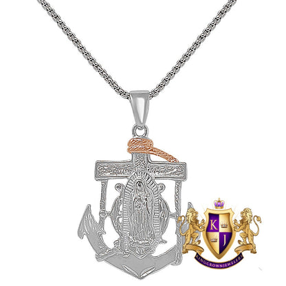 18+ Grams 3 Tone Gold Finish Lady Of Guadalupe Mother Mary Anchor Unisex Charm Religious Pendent Chain Set 2''