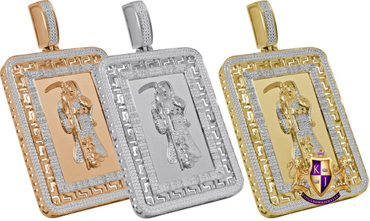 Real Genuine Diamond 28+ Grams Santa Muerte Angel of Death Grim Reaper Greek Frame Style Custom Pendent 10K Gold Over Charm Big 2.75''