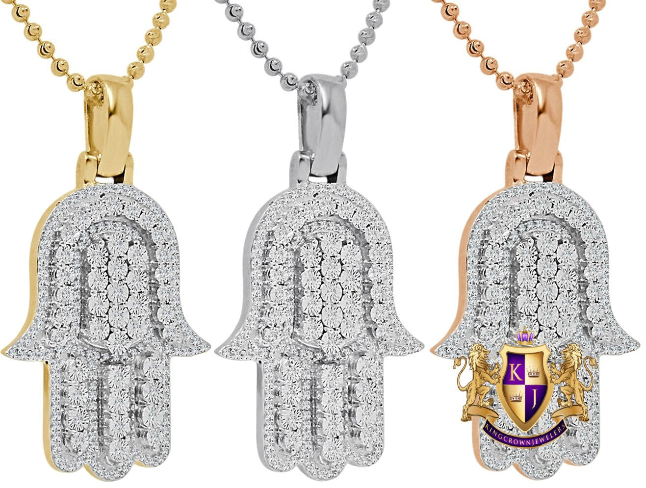 Real Genuine Authentic Diamond 0.66 Cwt. 17+ Grams Hamsa Hand of Fatima Charm 10K Solid Gold Over Jewish Religious Pendent Chain Set 1.75''