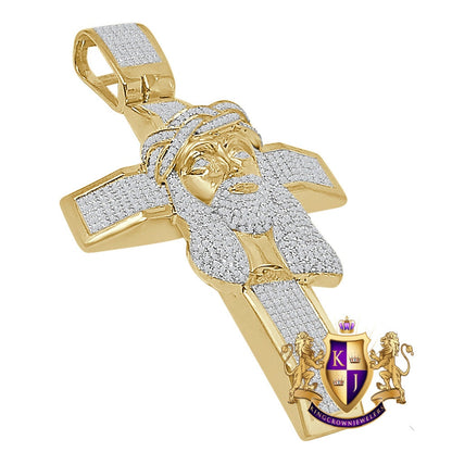 Real Genuine Sterling Silver 32+ Grams Big XL 3.5'' Jesus Face Cross Pendent Exclusive Custom Piece Simulated Diamond Religious Men's Charm