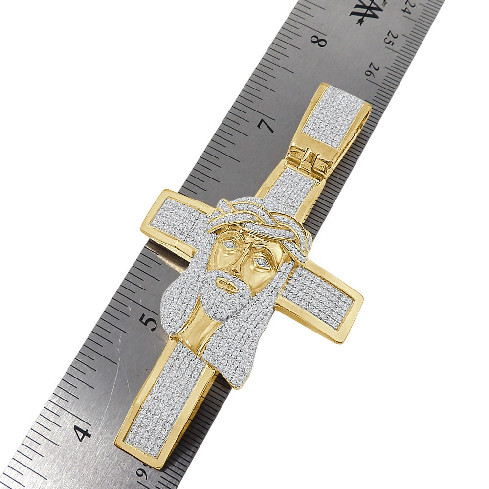 Real Genuine Sterling Silver 32+ Grams Big XL 3.5'' Jesus Face Cross Pendent Exclusive Custom Piece Simulated Diamond Religious Men's Charm