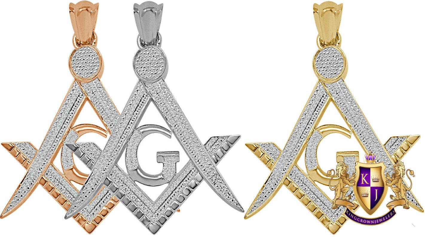 Real Genuine Authentic Diamond 0.60 Cwt 23+ Grams Freemason Masonic G Compass Unisex Pendant 10K Solid Gold Over Freemasonry Charm Big 2.5''