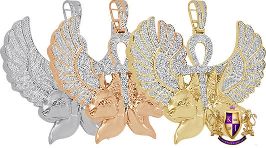 Real Genuine Diamond 30+ Grams Egyptian God of The Dead Flying Wings Twins Anubis Horus Ankh Cross Pendent 10K Gold Over 3D Charm Big 2.65''