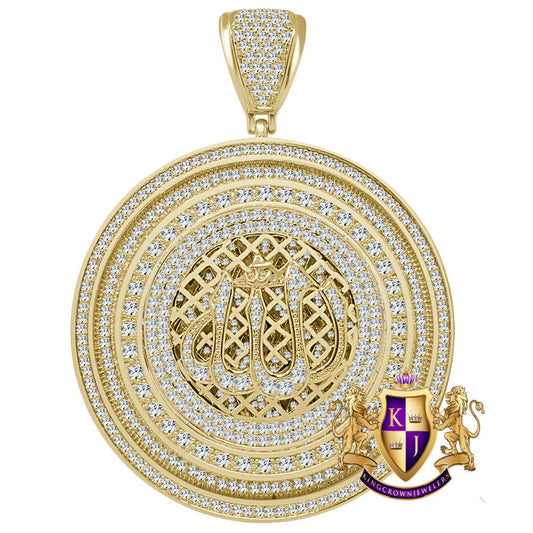 62+ Grams Men's Big XL 3.25'' 14K Yellow Gold Finish Simulated Diamond Allah Muslim Pendent Charm Round Medallion