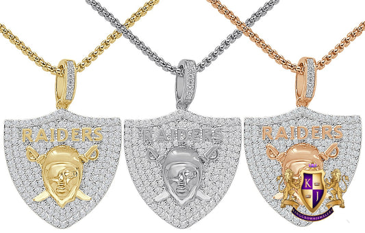 Real Genuine Italian Sterling Silver 1.00 Cwt. Simulated Diamonds 14k Gold On Oakland Raiders Charm Sports Custom Pendant Chain Neckless Set
