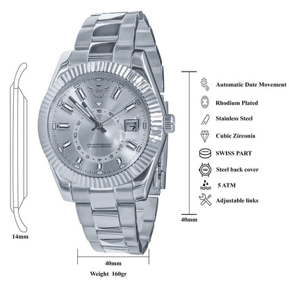 Solid Stainless Steel Fully AUTOMATIC 18K White Gold Tone Simulated Diamond 40mm Men's Luxury Watch W/Date Function