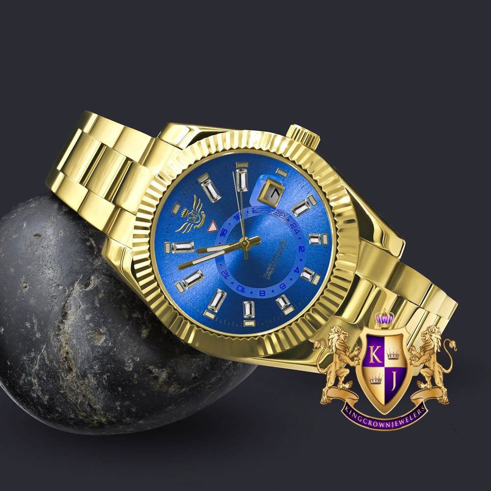 Solid Stainless Steel Blue Sapphire Dial Face Fully AUTOMATIC 18K Yellow Gold Tone Simulated Diamond 40mm Men's Luxury Watch W/Date Function