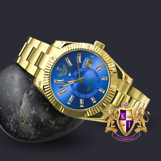 Solid Stainless Steel Blue Sapphire Dial Face Fully AUTOMATIC 18K Yellow Gold Tone Simulated Diamond 40mm Men's Luxury Watch W/Date Function