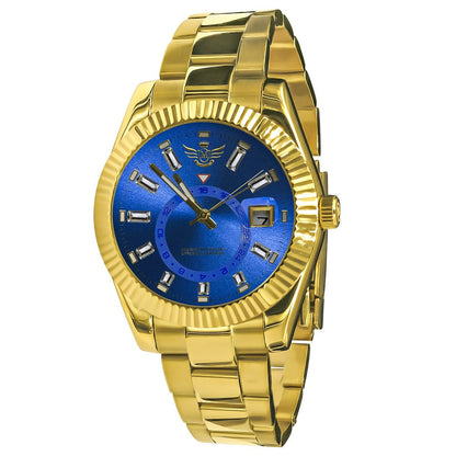 Solid Stainless Steel Blue Sapphire Dial Face Fully AUTOMATIC 18K Yellow Gold Tone Simulated Diamond 40mm Men's Luxury Watch W/Date Function