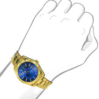 Solid Stainless Steel Blue Sapphire Dial Face Fully AUTOMATIC 18K Yellow Gold Tone Simulated Diamond 40mm Men's Luxury Watch W/Date Function