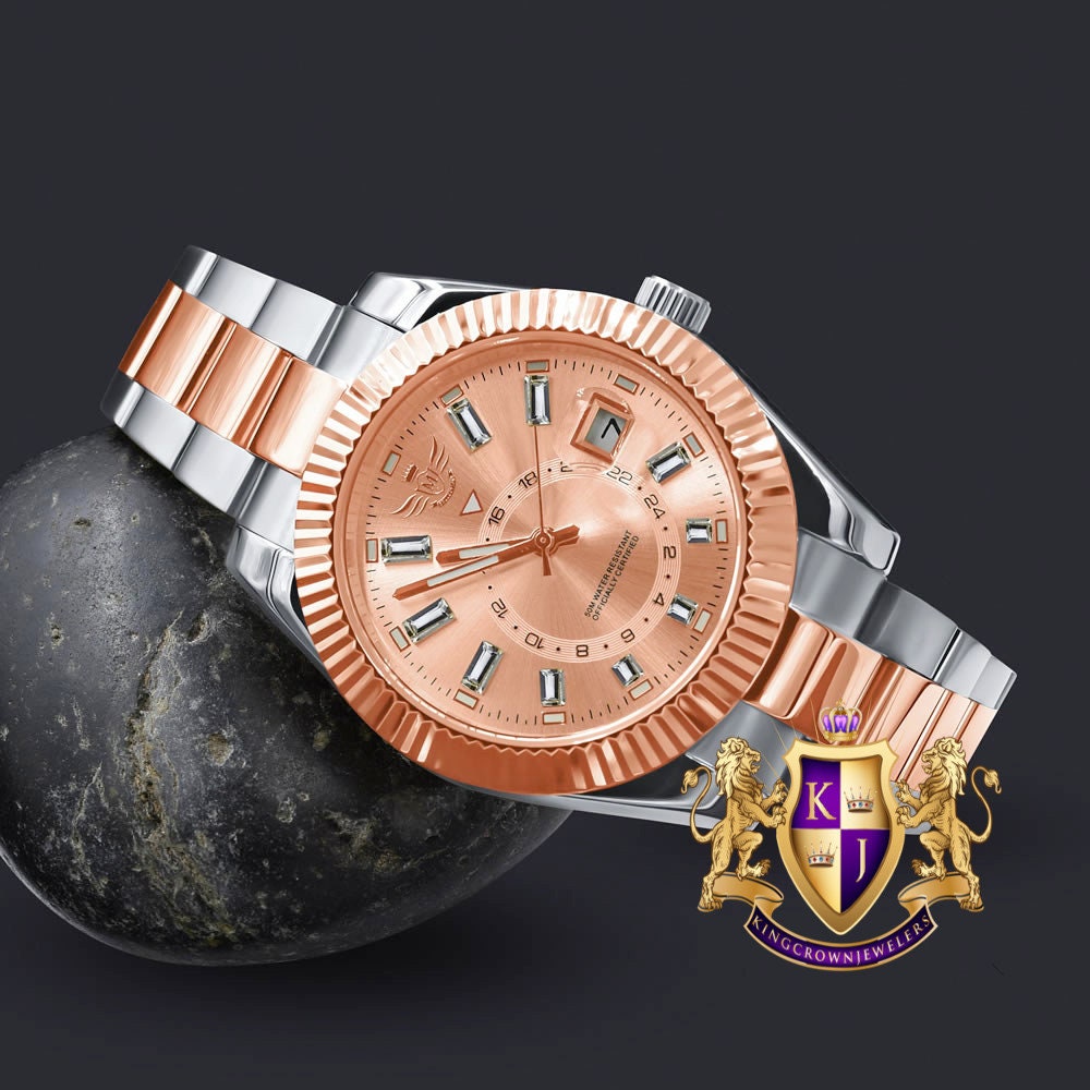 Solid Stainless Steel Full AUTOMATIC 18K 2 Tone Rose Gold Finish Copper Tone Simulated Diamond 40mm Men's Luxury Watch W/Date Function