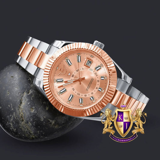 Solid Stainless Steel Full AUTOMATIC 18K 2 Tone Rose Gold Finish Copper Tone Simulated Diamond 40mm Men's Luxury Watch W/Date Function