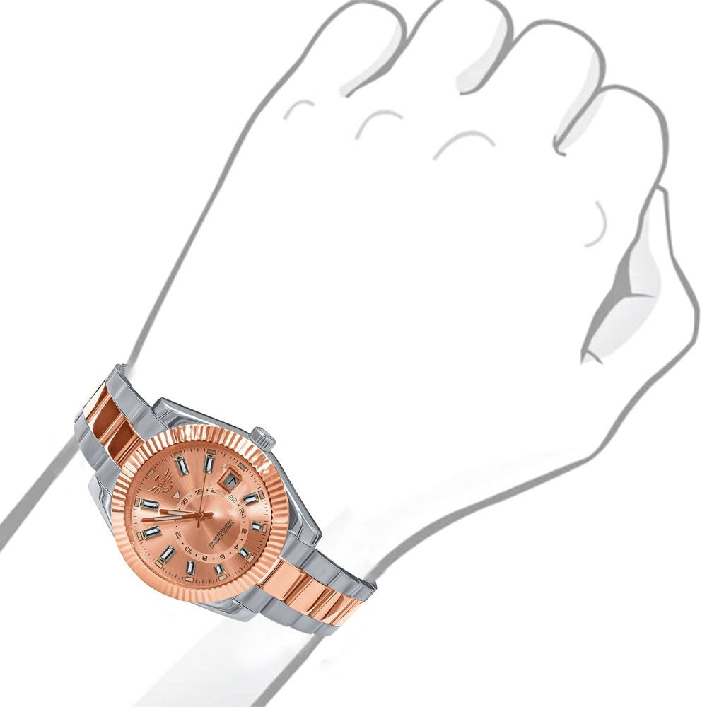 Solid Stainless Steel Full AUTOMATIC 18K 2 Tone Rose Gold Finish Copper Tone Simulated Diamond 40mm Men's Luxury Watch W/Date Function
