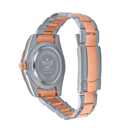 Solid Stainless Steel Full AUTOMATIC 18K 2 Tone Rose Gold Finish Copper Tone Simulated Diamond 40mm Men's Luxury Watch W/Date Function