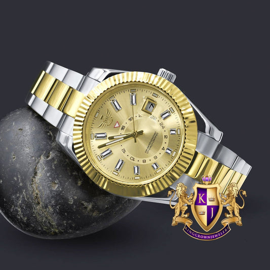 Solid Stainless Steel Fully AUTOMATIC 18K 2 Tone Gold Finish Simulated Diamond 40mm Men's Luxury Watch W/Date Function