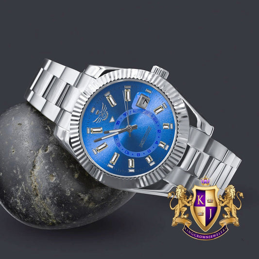 Solid Stainless Steel Blue Sapphire Dial Face Fully AUTOMATIC 18K White Gold Tone Simulated Diamond 40mm Men's Luxury Watch W/Date Function