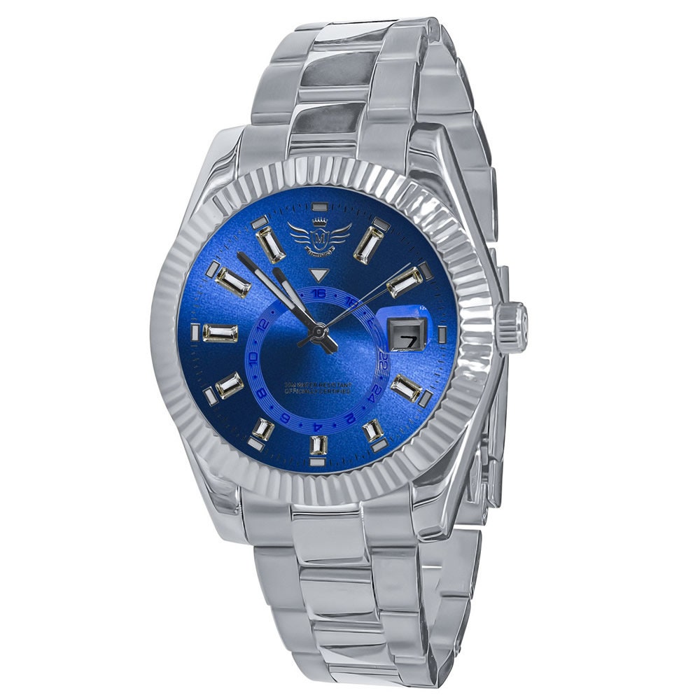 Solid Stainless Steel Blue Sapphire Dial Face Fully AUTOMATIC 18K White Gold Tone Simulated Diamond 40mm Men's Luxury Watch W/Date Function