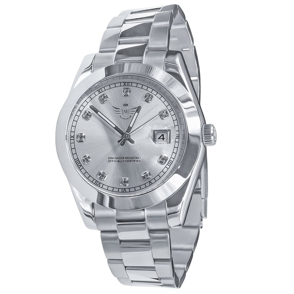 Men's Solid Full Stainless Steel AUTOMATIC 18K White Gold Tone Simulated Diamond 40mm Watch W/Date Function