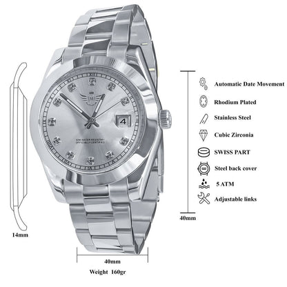 Men's Solid Full Stainless Steel AUTOMATIC 18K White Gold Tone Simulated Diamond 40mm Watch W/Date Function