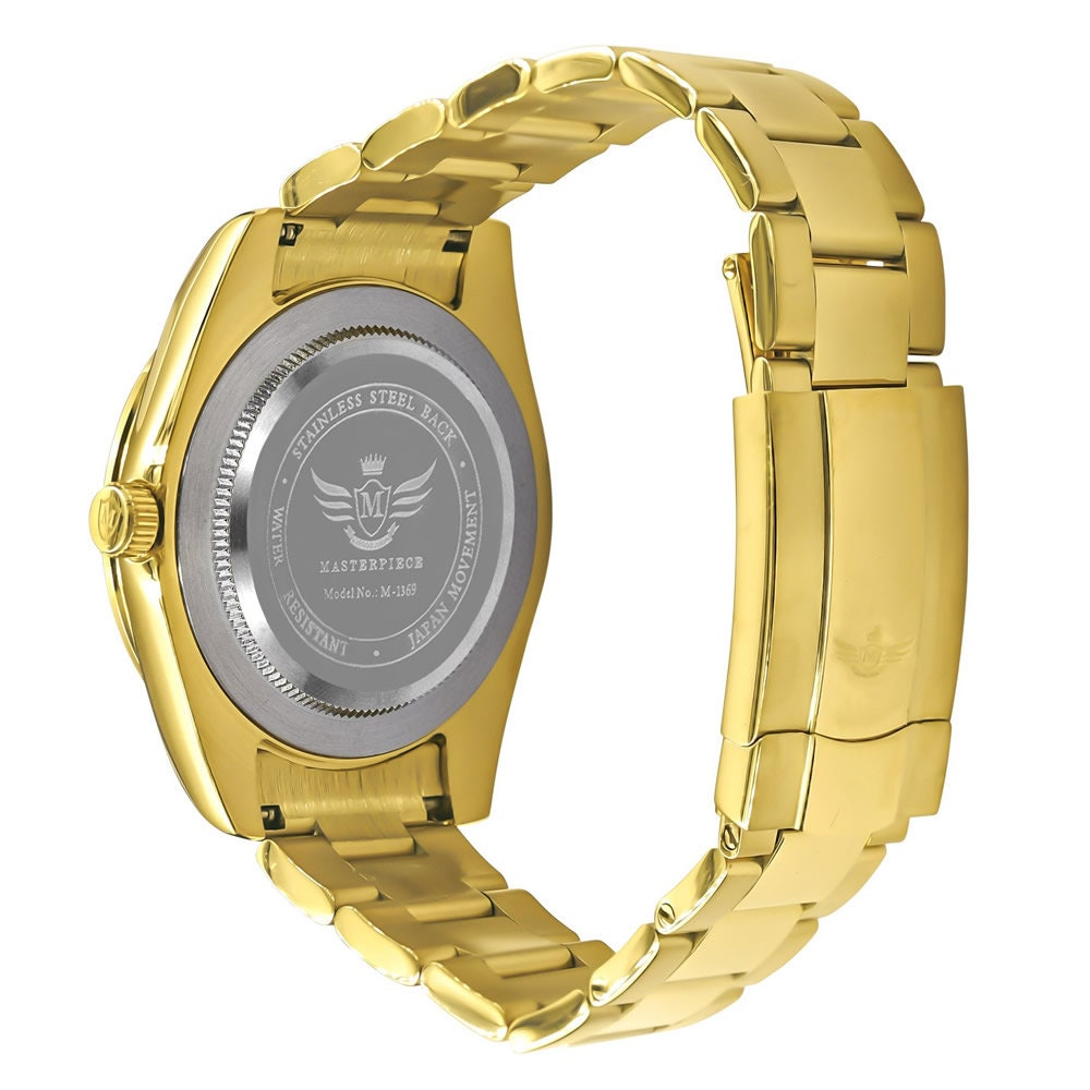 Sapphire Blue Dial Face Men's Solid Full Stainless Steel AUTOMATIC 18K Yellow Gold Tone Simulated Diamond 40mm Watch W/Date Function