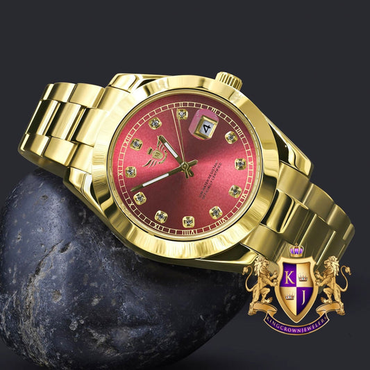 Ruby Red Dial Face Men's Solid Stainless Steel Fully AUTOMATIC 18K Yellow Gold Tone Simulated Diamond 40mm Watch W/Date Function