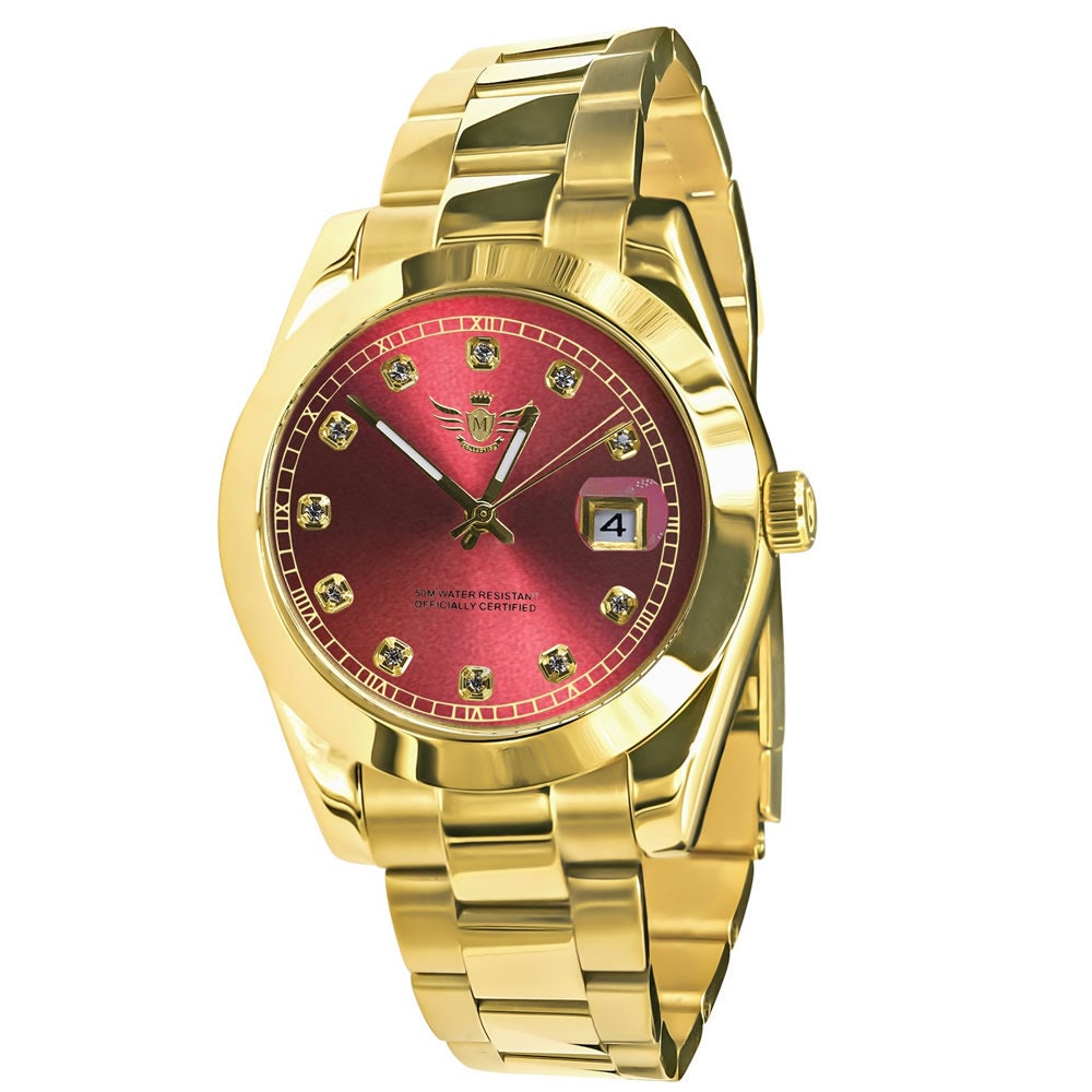Ruby Red Dial Face Men's Solid Stainless Steel Fully AUTOMATIC 18K Yellow Gold Tone Simulated Diamond 40mm Watch W/Date Function
