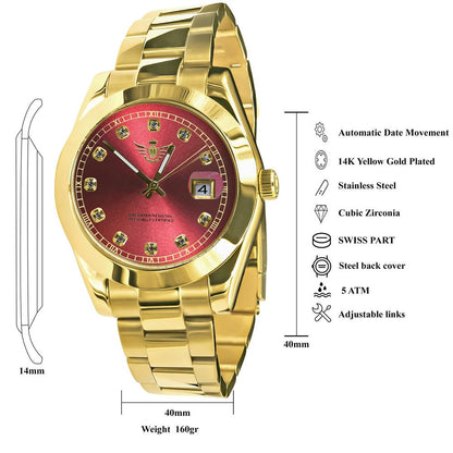 Ruby Red Dial Face Men's Solid Stainless Steel Fully AUTOMATIC 18K Yellow Gold Tone Simulated Diamond 40mm Watch W/Date Function