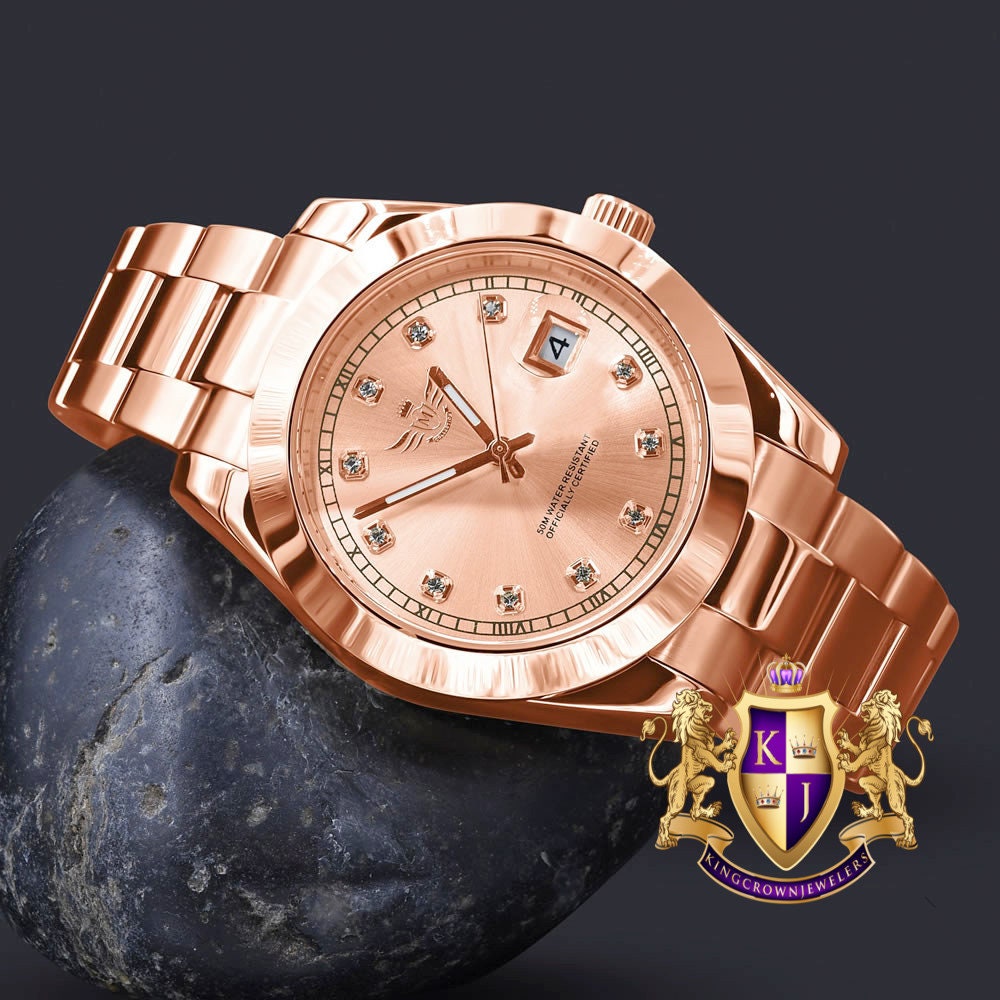 Men's Solid Full Stainless Steel AUTOMATIC 18K Rose Gold Copper Tone Simulated Diamond 40mm Watch W/Date Function