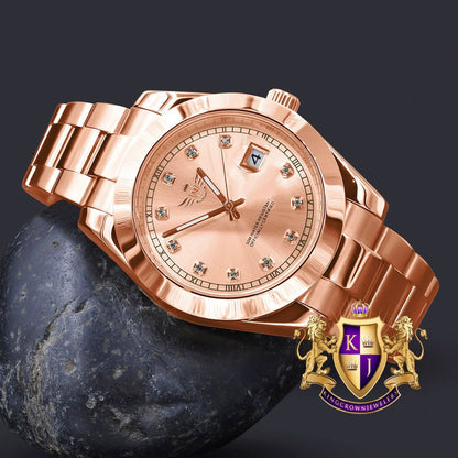 Men's Solid Full Stainless Steel AUTOMATIC 18K Rose Gold Copper Tone Simulated Diamond 40mm Watch W/Date Function