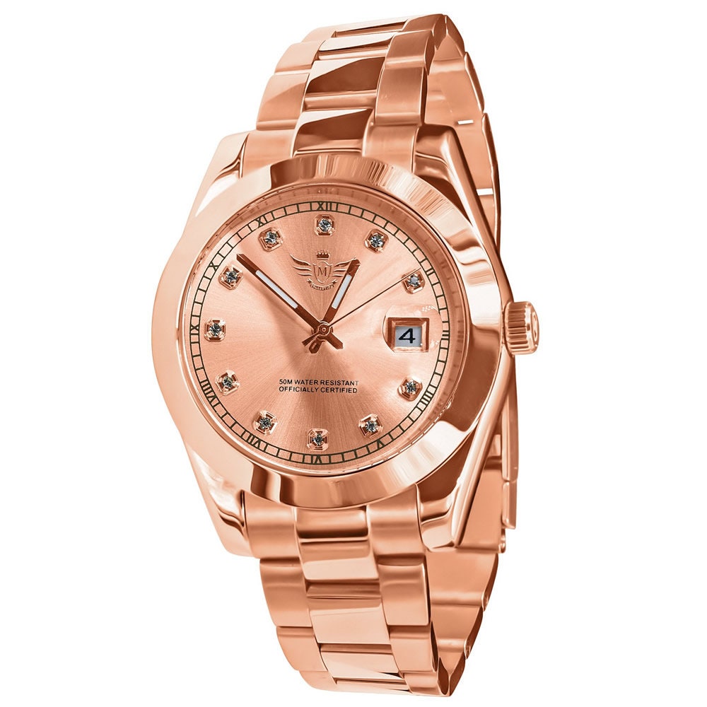 Men's Solid Full Stainless Steel AUTOMATIC 18K Rose Gold Copper Tone Simulated Diamond 40mm Watch W/Date Function